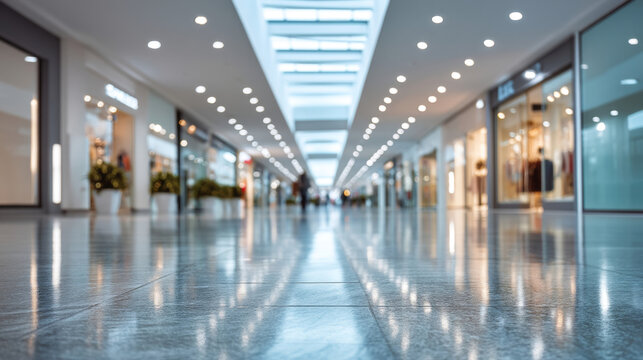 Bright and clean shopping mall corridor with polished floor and visible retail stores under LED lighting