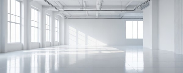 Obraz premium Bright, empty white room with large windows casting geometric shadows on floor. Industrial style interior features exposed ceiling pipes, smooth concrete flooring, suggesting minimalist, modern