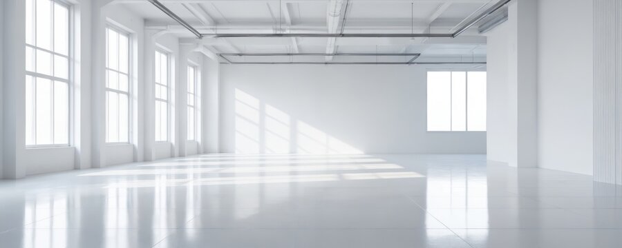 Bright, empty white room with large windows casting geometric shadows on floor. Industrial style interior features exposed ceiling pipes, smooth concrete flooring, suggesting minimalist, modern - Powered by Adobe