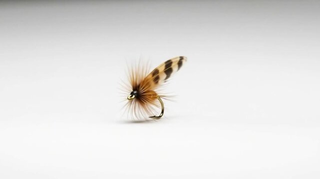 Close-up of a meticulously crafted fishing fly, showcasing its intricate design and materials against a clean, white background.