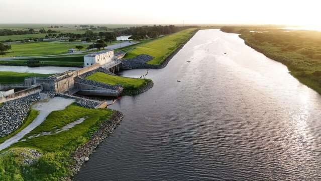 sunset at Pump Station S-3. Water Management District on south Lake Okeechobee, Florida