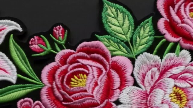 Close-up embroidered floral design featuring roses and lilies.