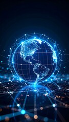 Obraz premium Global digital network. 3D globe, illuminated by glowing, interconnected lines, creating a sense of worldwide connectivity. Network structure overlayed on a digital representation of the Earth
