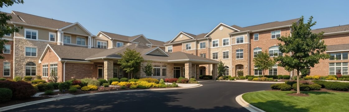 Modern assisted living complex exterior welcoming entrance with landscaping. Multi-story residence offers senior living apartments, community spaces, comfortable lifestyle for elderly residents.