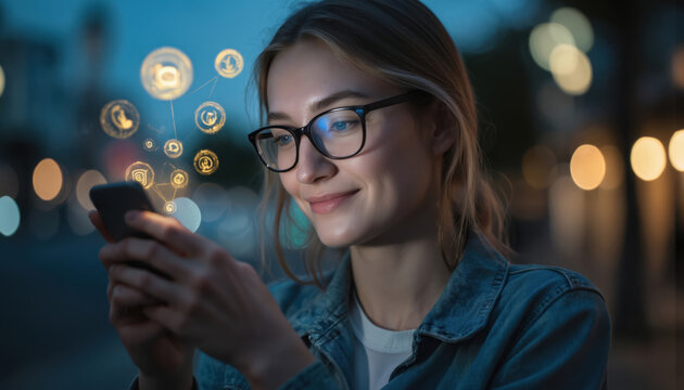 Smiling woman wearing glasses uses smartphone, interacts with glowing digital icons representing communication, apps, social media. Blurred night cityscape background with bokeh lights suggests