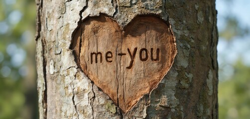 Heart carved into tree bark with text me-you. Rustic texture, natural wood grain. Represents love, connection, relationship milestones, romantic gestures, enduring bonds.