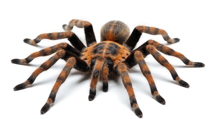 Close-up view of hairy tarantula spider with orange, black striped legs, body. Large arachnid features eight segmented legs, prominent abdomen, set against clean white background, isolated for macro