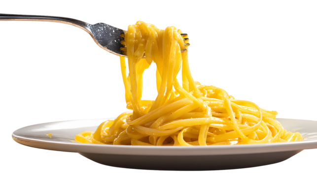 Fork with cooked long pasta over a dish with the same pasta isolated on a white background