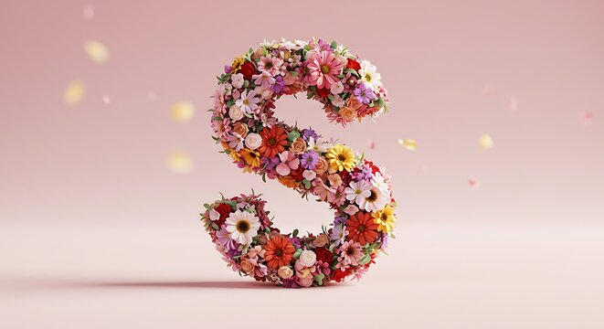 Vibrant floral letter S with falling petals arrangement flowers