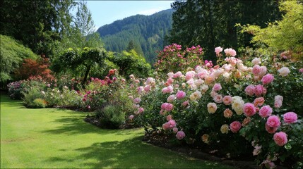 Obraz premium Lush rose garden with mountains in the background