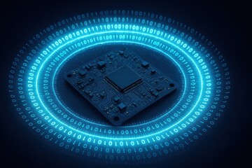 A futuristic microchip surrounded by glowing binary code, symbolizing technology and digital innovation.