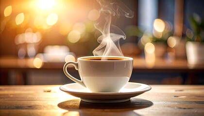 Warm cup of coffee steaming on a wooden table, sunlit interior