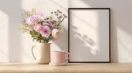 Fototapeta premium Empty frame with flowers and a coffee cup on a wooden surface.