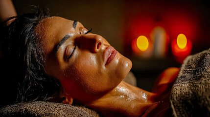 Woman lying in spa enjoying relaxing massage with warm light and tranquil ambiance, Generated with AI