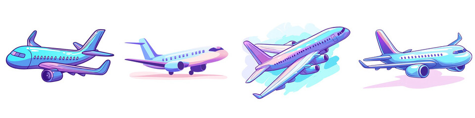 Obraz premium Collection of stylized illustrations featuring commercial airplanes, showcasing travel and transportation with a modern, cartoonish aesthetic, suitable isolated transparent background