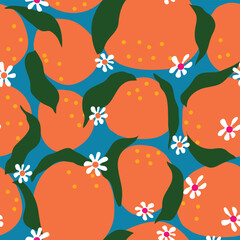 Seamless botanical pattern featuring ripe oranges, green leaves, and delicate white citrus blossoms. Fresh and vibrant design ideal for textiles, wallpaper, packaging, and garden-inspired decor