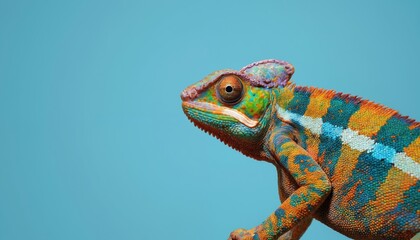 Obraz premium Vibrant chameleon profile, detailed macro shot. Reptilian creature displays rainbow skin scales, intricate patterns of green, orange, blue, white. Exotic tropical lizard exhibits unique camouflage,