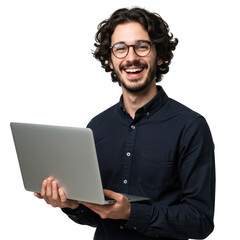 Happy man with laptop isolated on transparent background