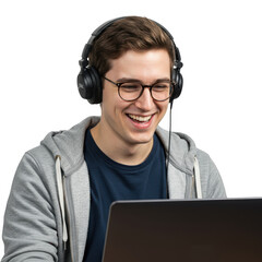 Smiling man with headphones isolated on transparent background