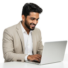 Young man working on laptop isolated on transparent background