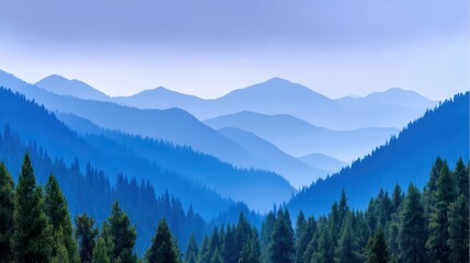 Serene Mountain Landscape with Layered Blue Hills and Forests