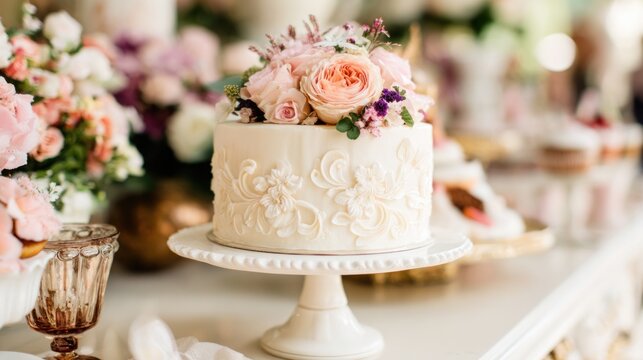 Elegant wedding cake with flowers - Powered by Adobe
