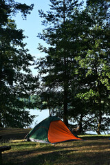 summer landscape with a tourist tent in the forest