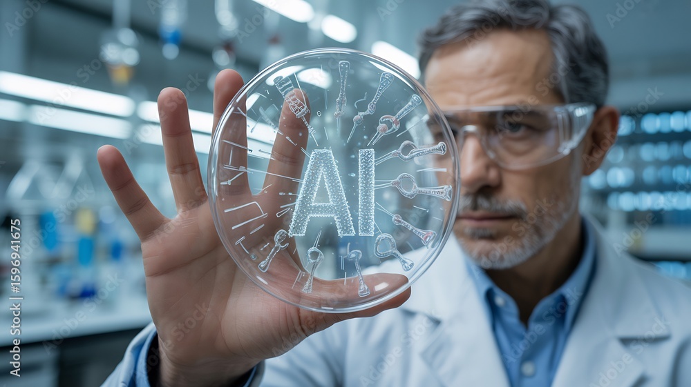 Aufkleber ai research and development in science lab for future technology and innovation concept use case