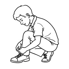 Fototapeta premium Boy kneeling and tying shoelaces on shoes in simple style 