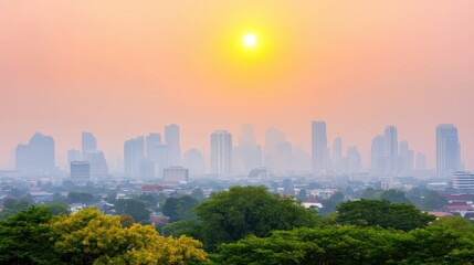 Fototapeta premium Urban Skyline at Sunrise with Fog and Warm Light Effects