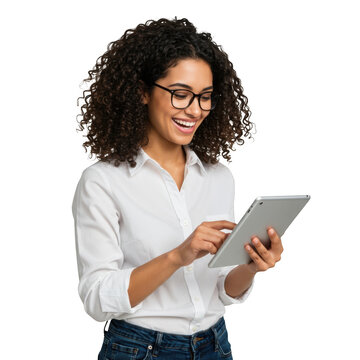Smiling woman with tablet isolated on transparent background