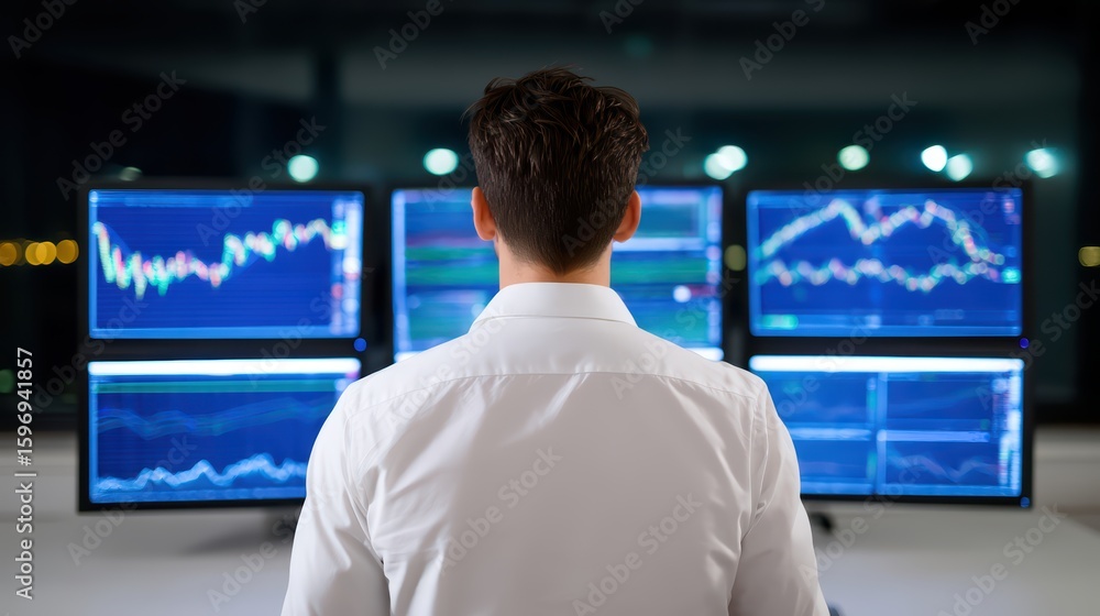 Poster Professional Trader Analyzing Financial Data on Multiple Screens