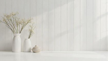 Minimalist interior scene featuring white wall with vertical paneling, natural light creating shadow patterns. Features two white ceramic vases with delicate dried flowers, small neutral ceramic bowl