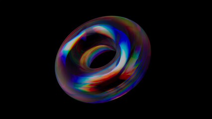 Glossy 3D torus with holographic colors and dispersed glass texture. Futuristic donut shape in Y2K, vaporwave and techcore style. Perfect for posters, web design, branding, and digital art.