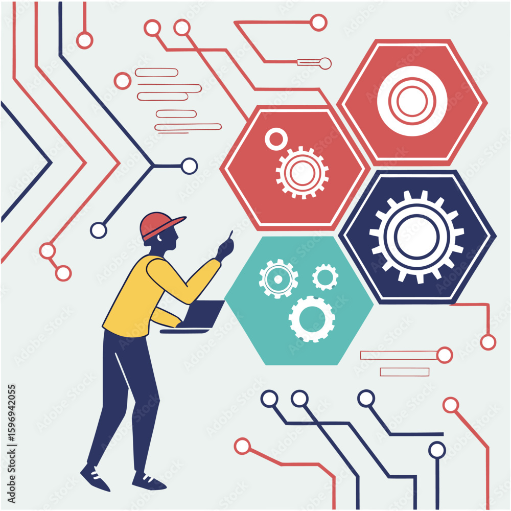 Poster an engineer uses a laptop to develop innovative technology, connecting to a network of circuits and 