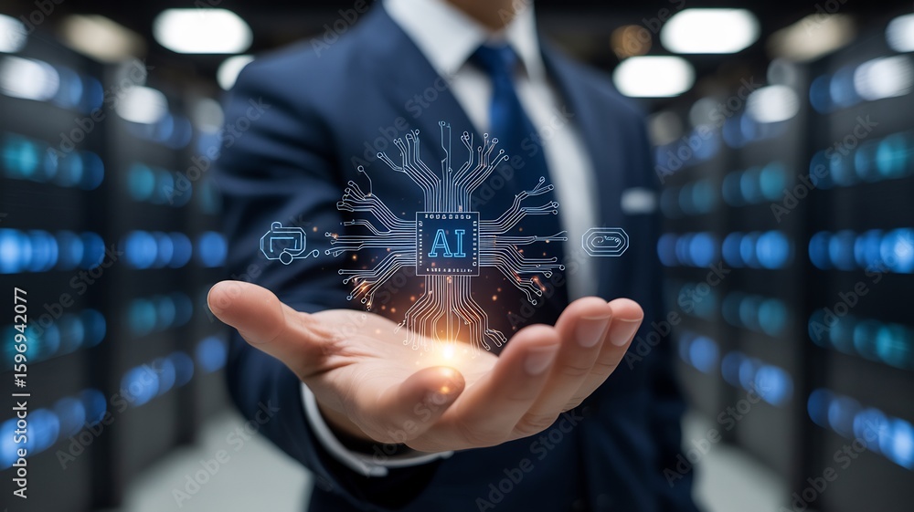 Aufkleber ai artificial intelligence technology concept in hand with server room data center background