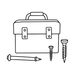 Tool box with screws and anchors in simplistic line art style  