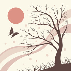 Obraz premium A silhouette of a tree and a butterfly against a sunset sky creates a dreamy and romantic natural landscape