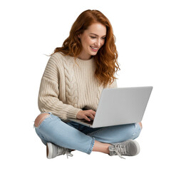 Woman working on laptop isolated on transparent background