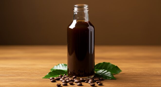 Delicious Cold Brew Coffee Bottle Display with Beans and Leaves on Wooden Table