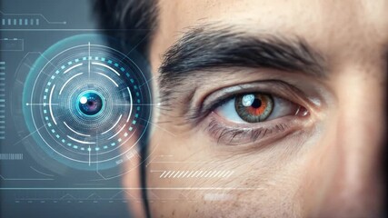 A closeup of a human eye with a futuristic digital interface overlay, symbolizing advanced technology and biometric scanning - Powered by Adobe