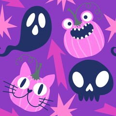 Halloween animals cartoon seamless cat monsters pattern for wrapping and kids clothes print and party accessories