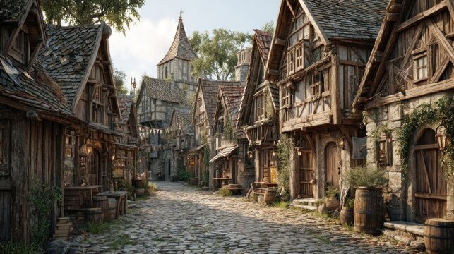 Captivating view of a medieval town with cobblestone street and wooden architecture