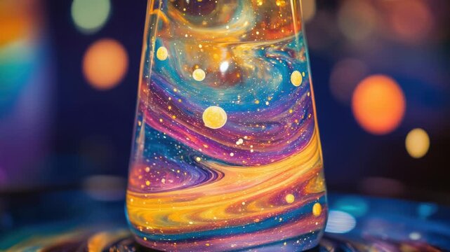 A clear glass filled with a vibrant colorful mixture