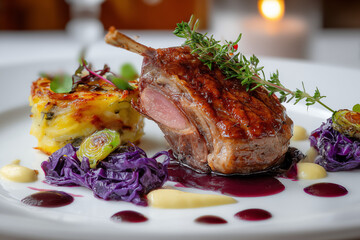 Duck confit leg with red cabbage and potato gratin, gourmet restaurant plating