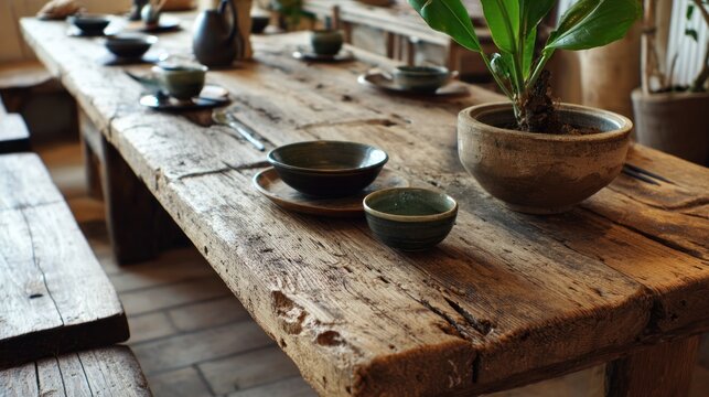 Rustic wooden table with tea set - Powered by Adobe