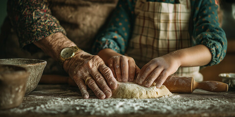 Grandmother and child baking together, both wearing aprons, flour-covered hands touching dough, vintage ring and wristwatch on grandmother’s hand, warm emotional family moment