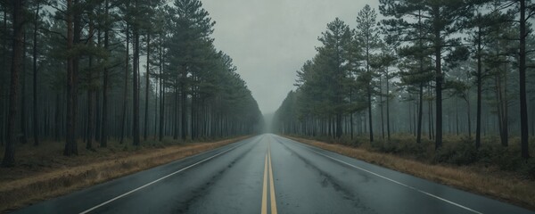 Empty asphalt road vanishing into the distance between tall pine trees. Wet roadway, overcast sky. Journey through remote forest, suggesting endless travel possibilities and exploration of nature.
