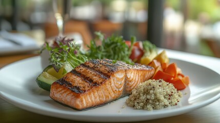 Balanced healthy food plate with grilled salmon, quinoa, and steamed vegetables on white ceramic plate with soft natural lighting and copy space