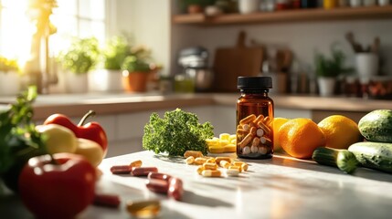 Bottle of vitamins on kitchen counter surrounded by fresh fruit and vegetables with soft natural lighting and healthy atmosphere